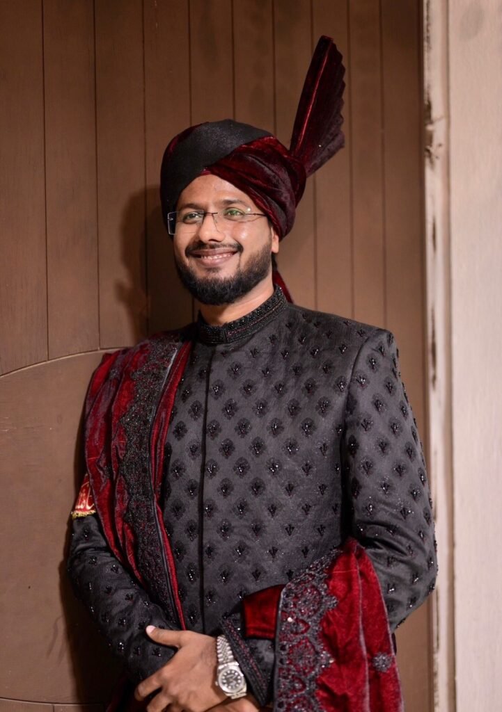 Charcoal Black and Maroon Velvet Embellished Sherwani Set