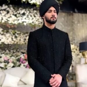 Midnight Black Embellished Sherwani and Turban Set