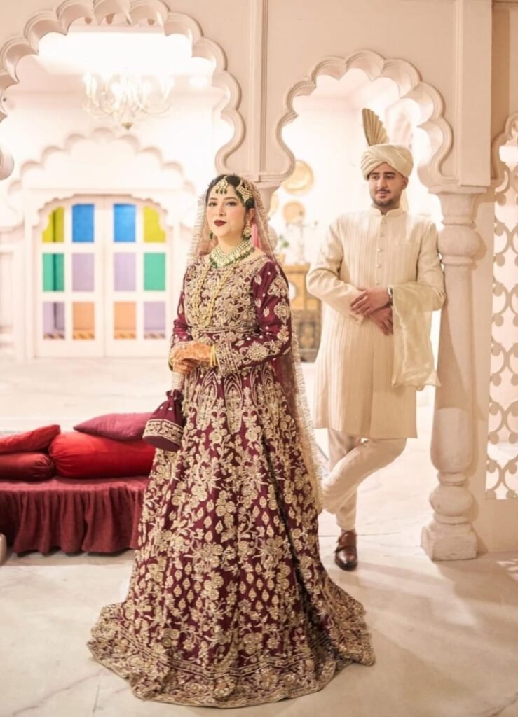 Maroon Gold Heavy Bridal Lehenga and Groom Sherwani Couple Set