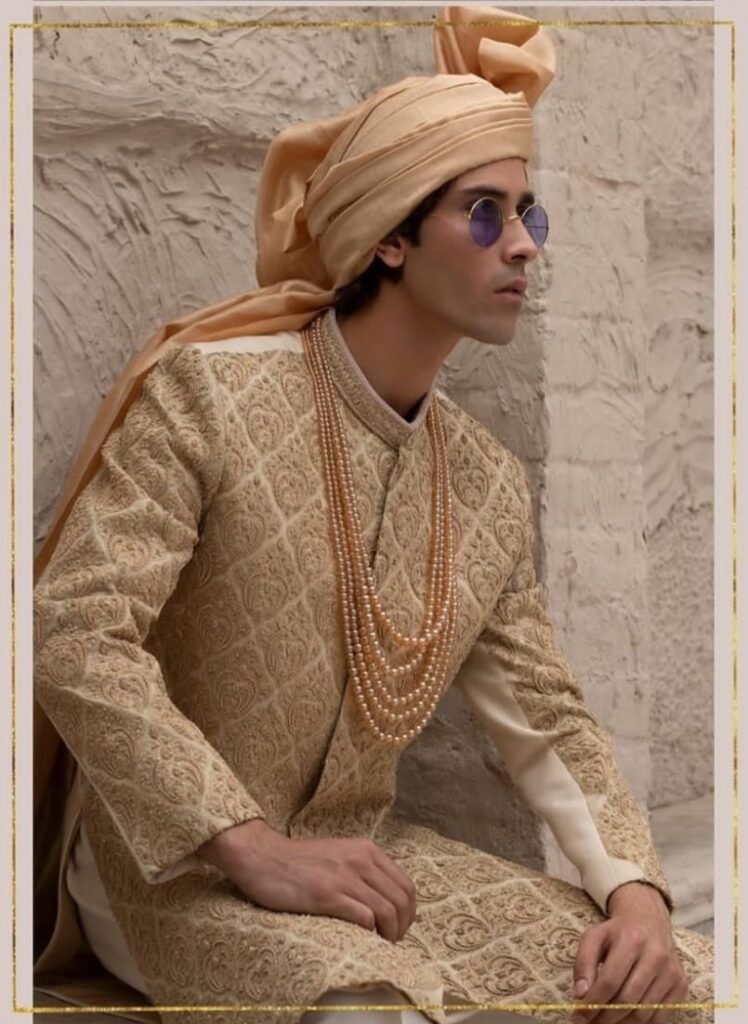 Royal Gold Embroidered Sherwani with Turban Set