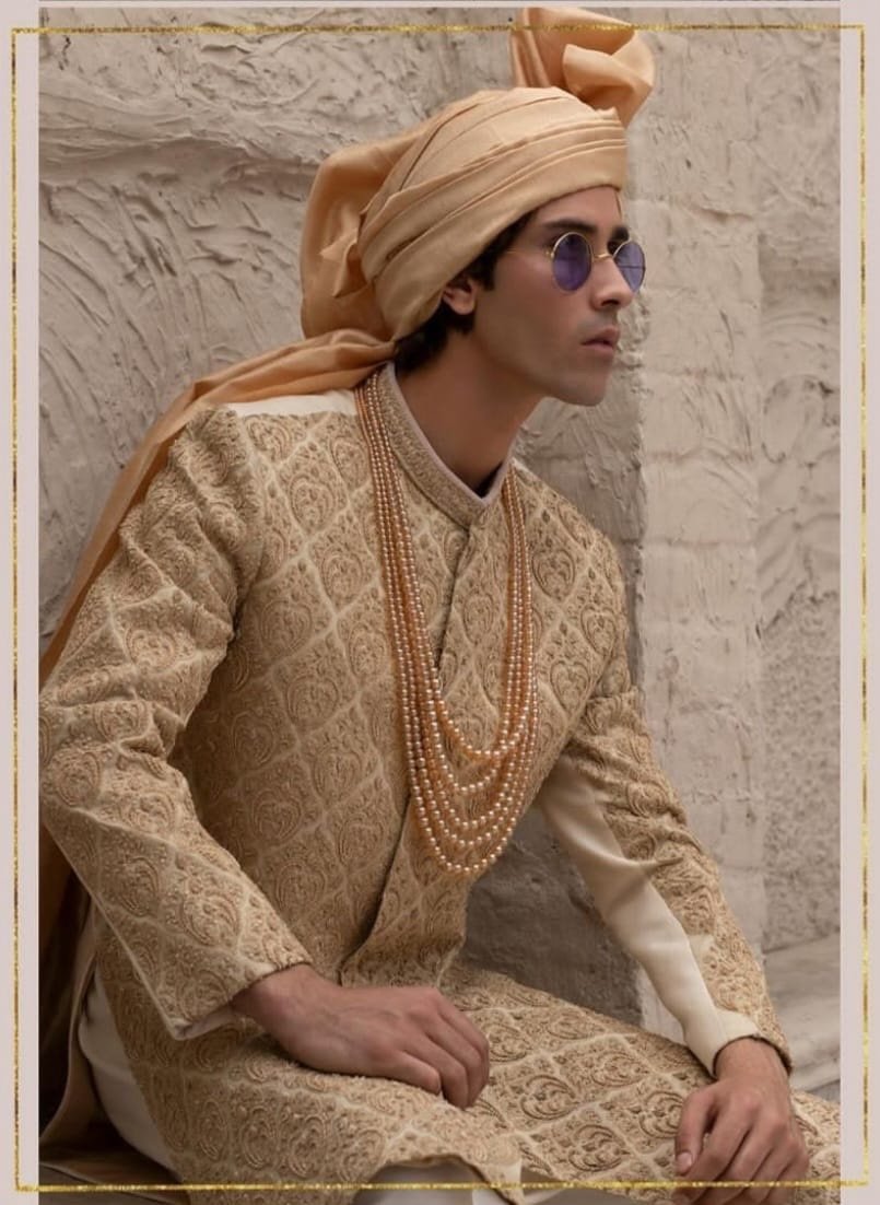Royal Gold Embroidered Sherwani with Turban Set