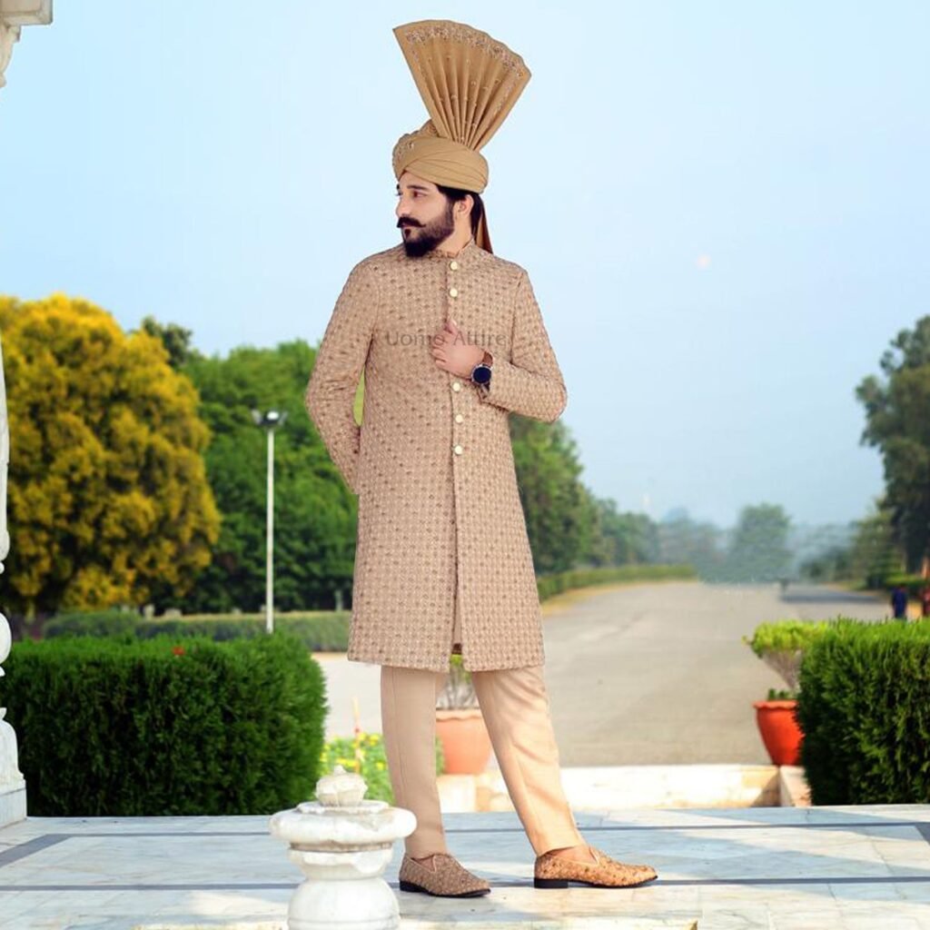 Premium Fawn Embellished Sherwani and Turban Set