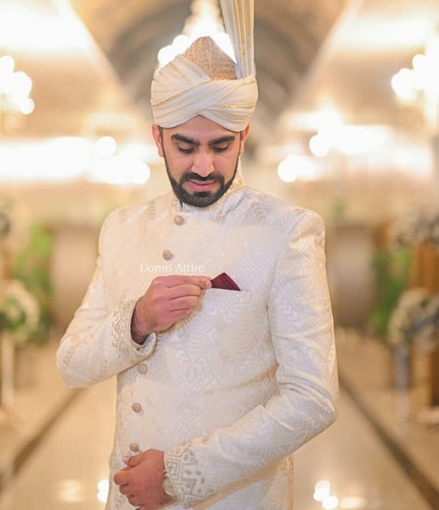 Ivory Geometric Jacquard Sherwani and Turban Set