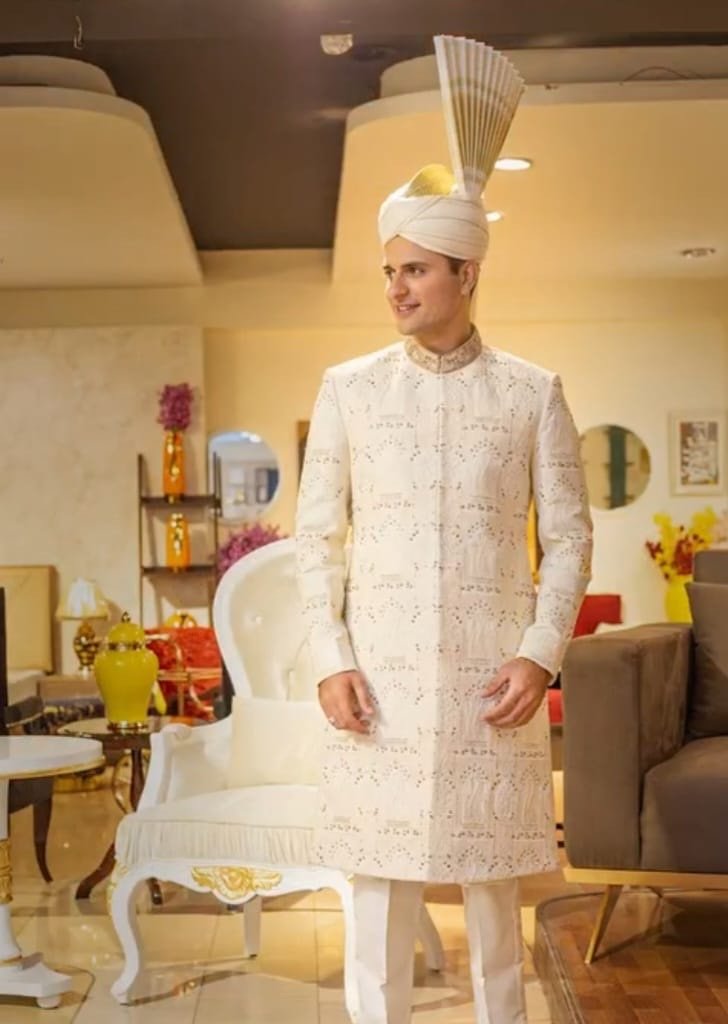 Classic Off-White Embroidered Sherwani and Turban Set