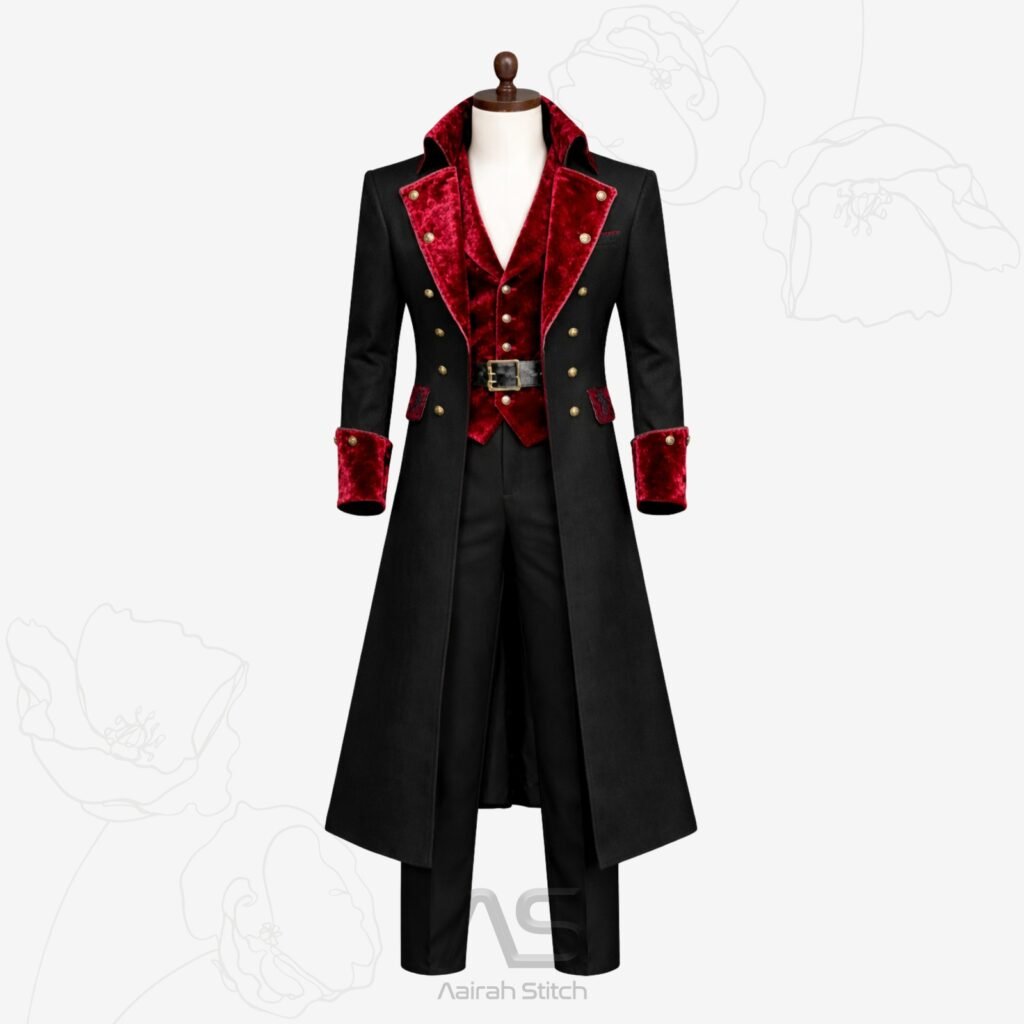 Custom Crimson Velvet Trimmed Pirate Frock Coat Suit