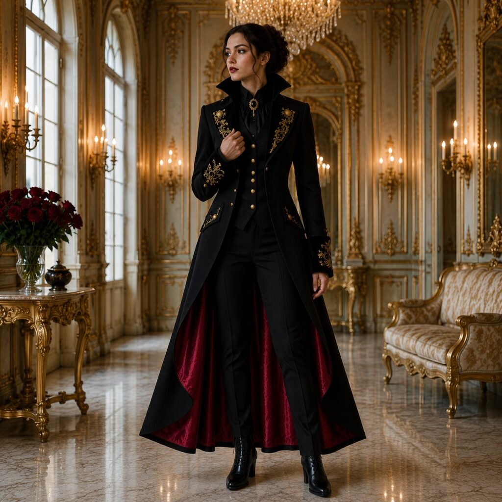 Custom Women’s Imperial Black & Gold Embroidered Greatcoat Suit
