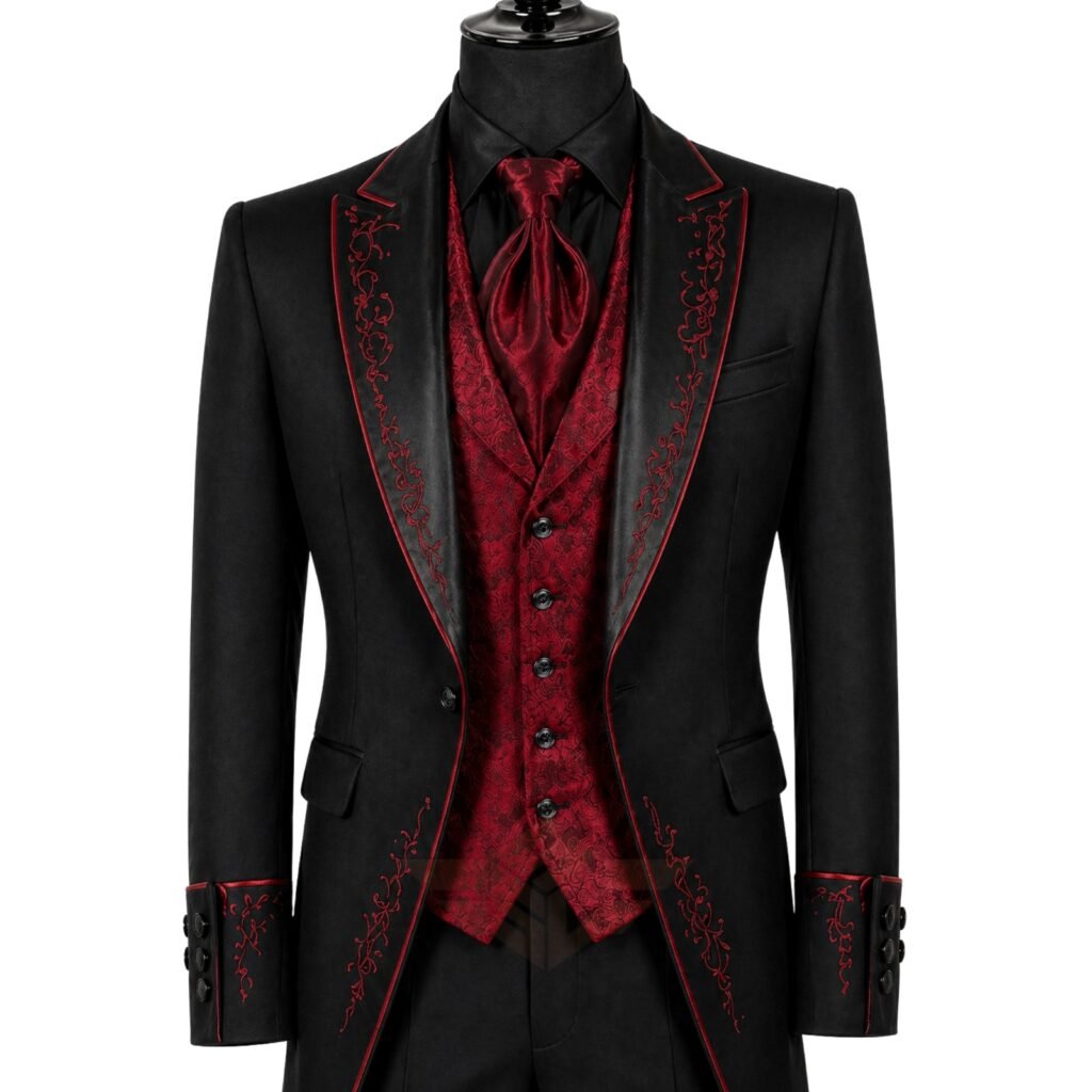 Custom Black & Red Embroidered Gothic Tailcoat Suit