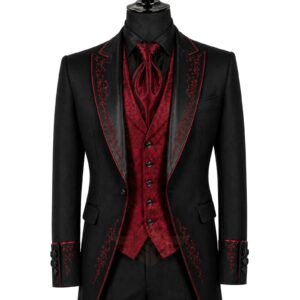 Custom Black & Red Embroidered Gothic Tailcoat Suit