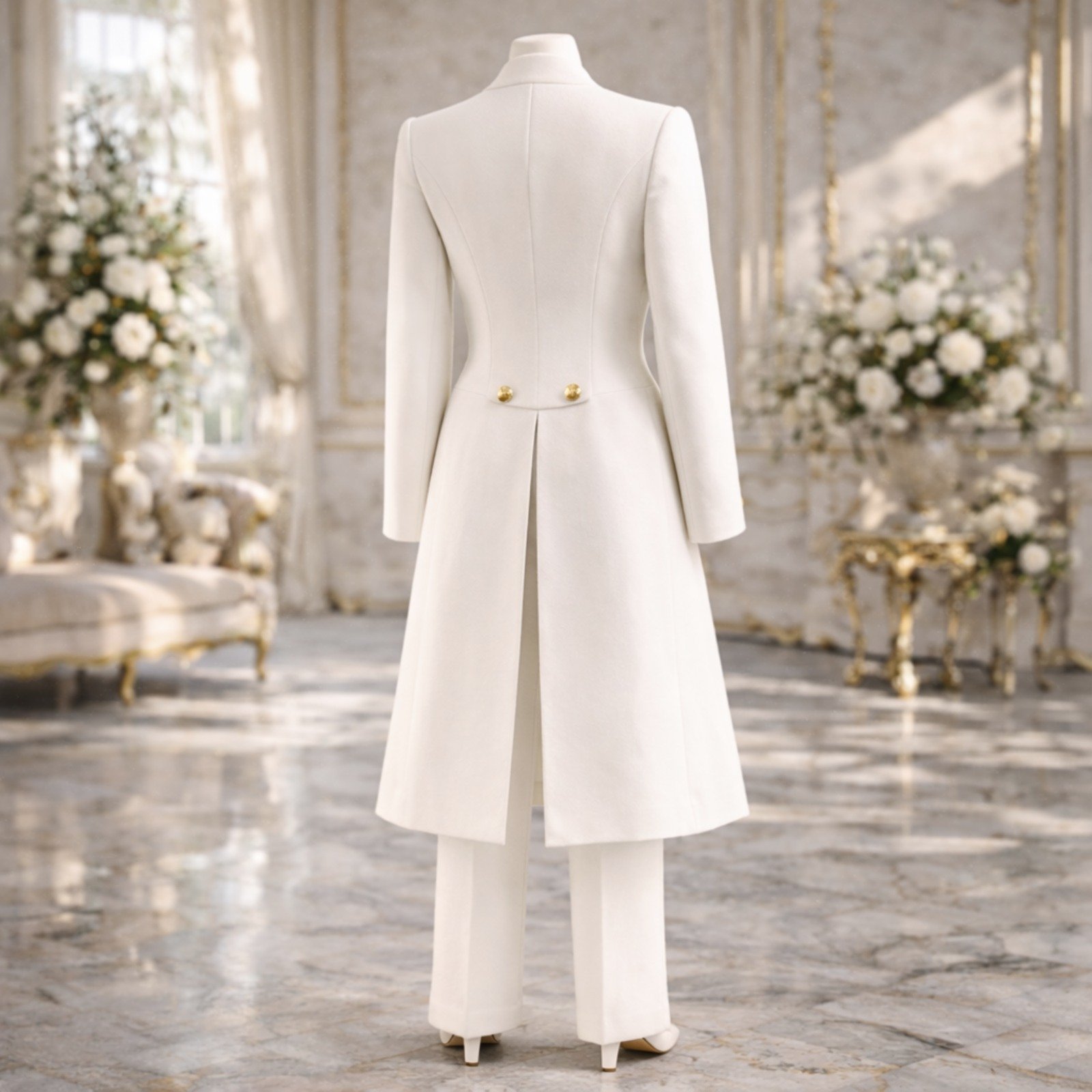 Custom White Gold-Embroidered Women's Tailcoat Suit - Image 6