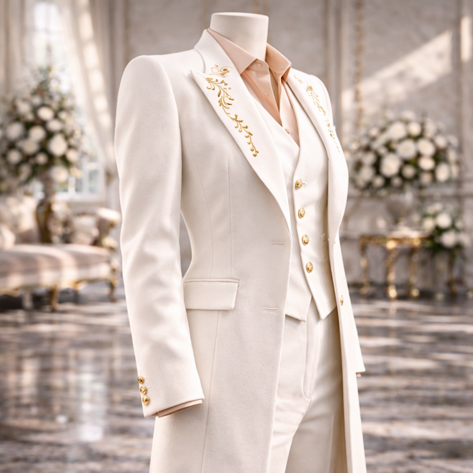 Custom White Gold-Embroidered Women's Tailcoat Suit - Image 7