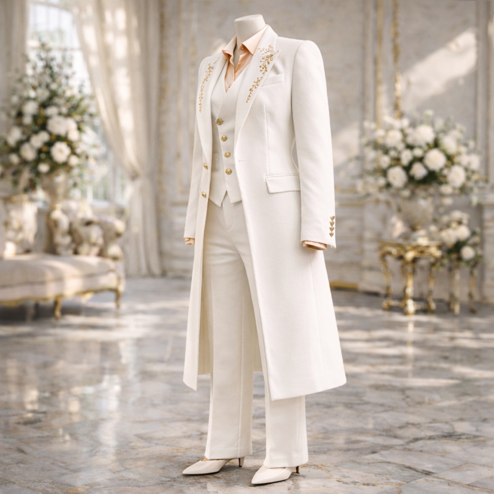 Custom White Gold-Embroidered Women's Tailcoat Suit - Image 4