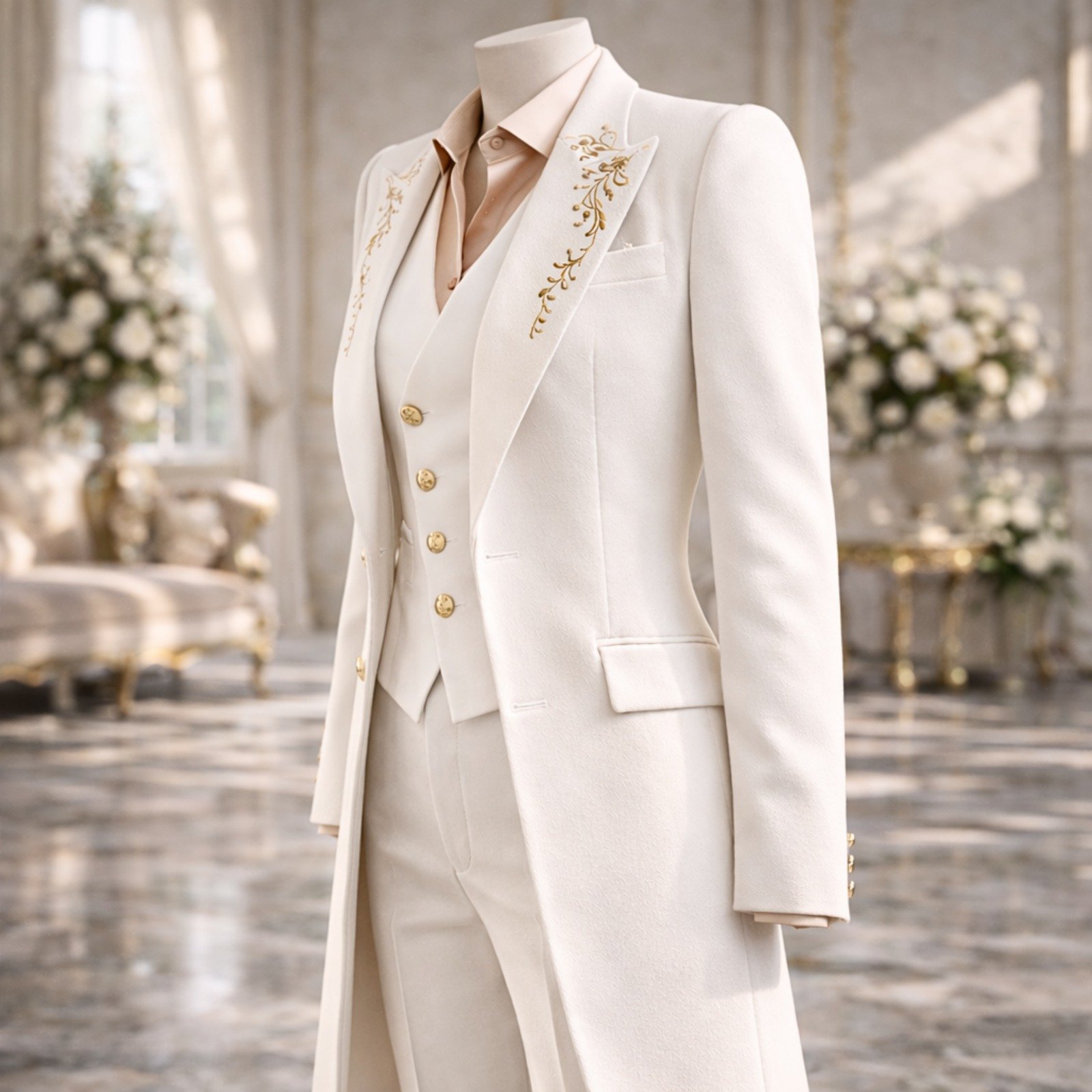 Custom White Gold-Embroidered Women's Tailcoat Suit - Image 5