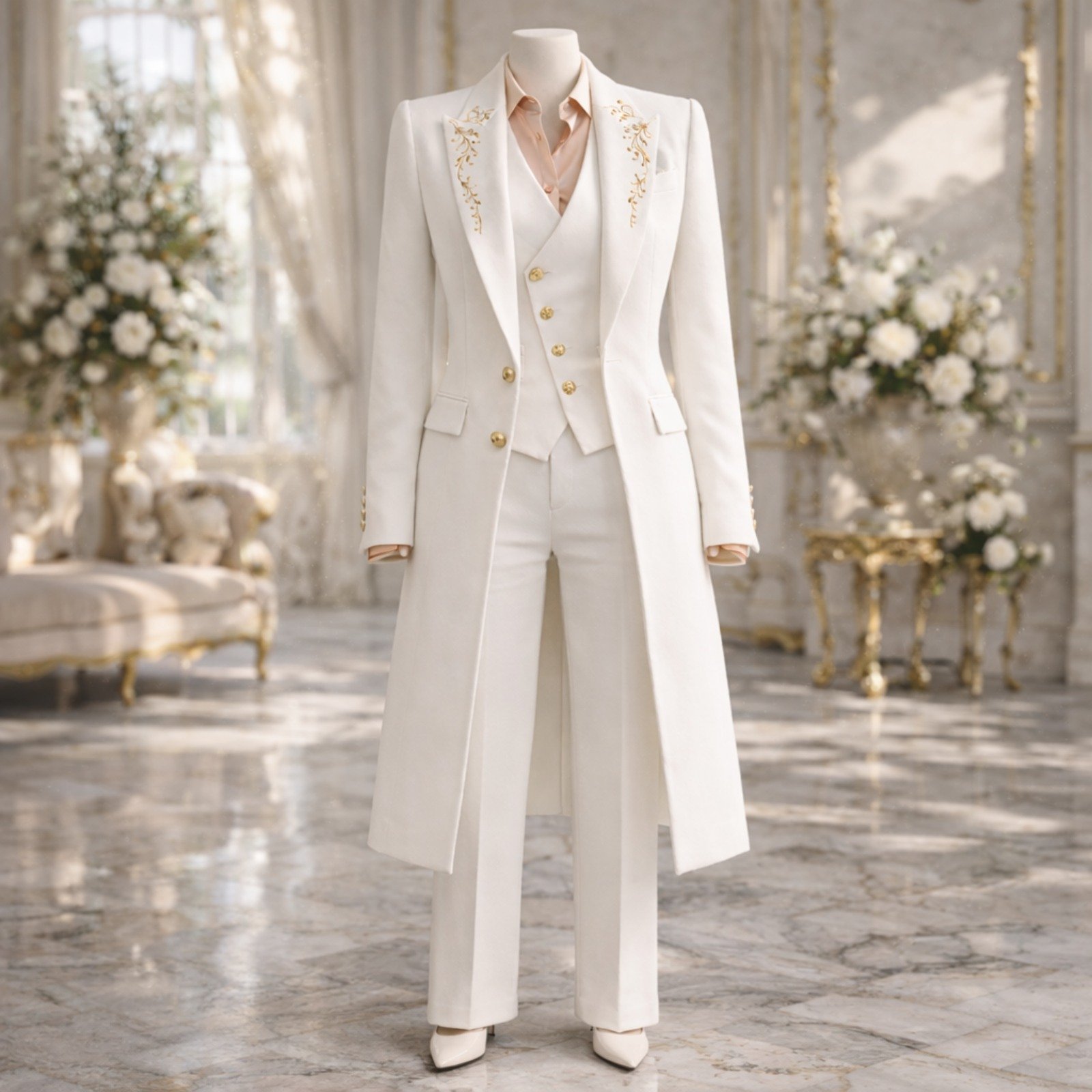 Custom White Gold-Embroidered Women's Tailcoat Suit - Image 2