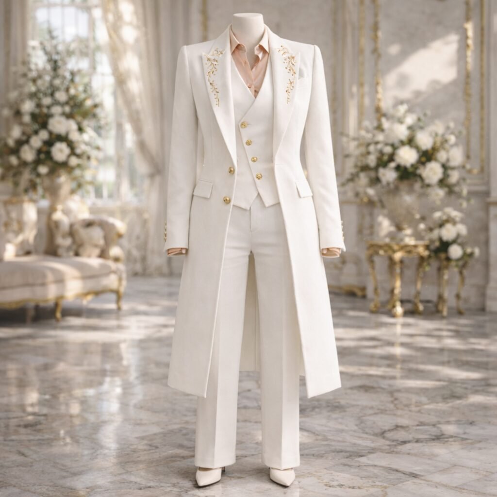 Custom White Gold-Embroidered Women's Tailcoat Suit