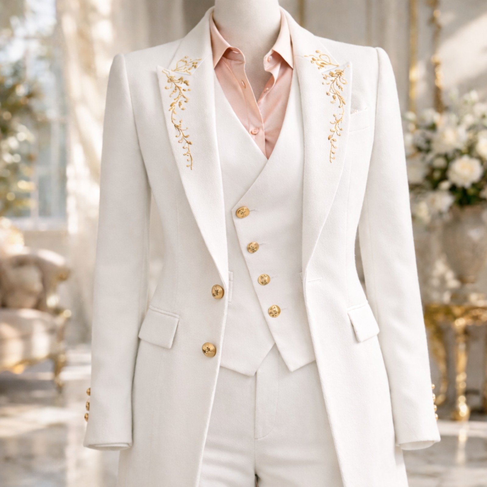 Custom White Gold-Embroidered Women's Tailcoat Suit - Image 3