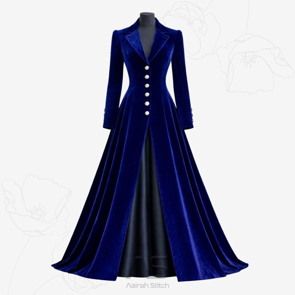 Custom Royal Blue Velvet Floor-Length Coat