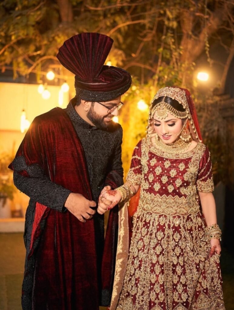 Crimson and Black Velvet Bridal and Groom Couple Set