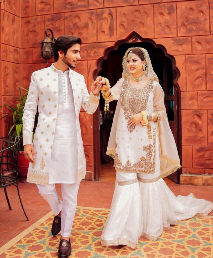 Royal Ivory Gold Embellished Wedding Sherwani and Gharara Couple Set