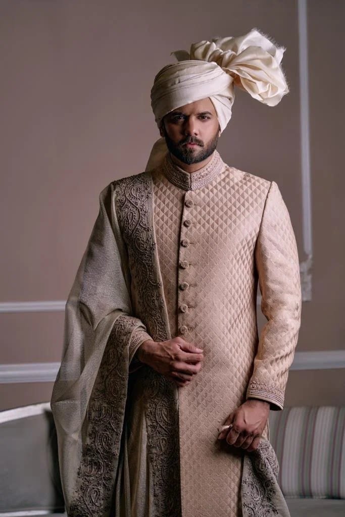 Elegant Champagne Gold Quilted Sherwani with Shawl and Turban Set