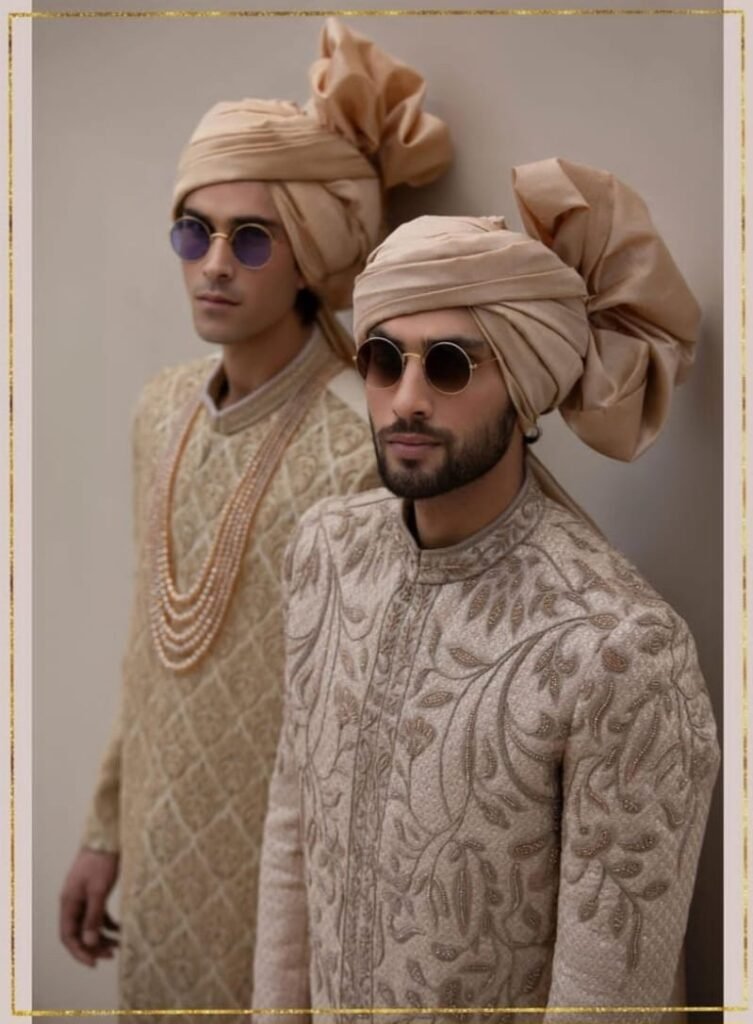 Editorial Gold Embroidered Groom Sherwani and Turban Duo Set